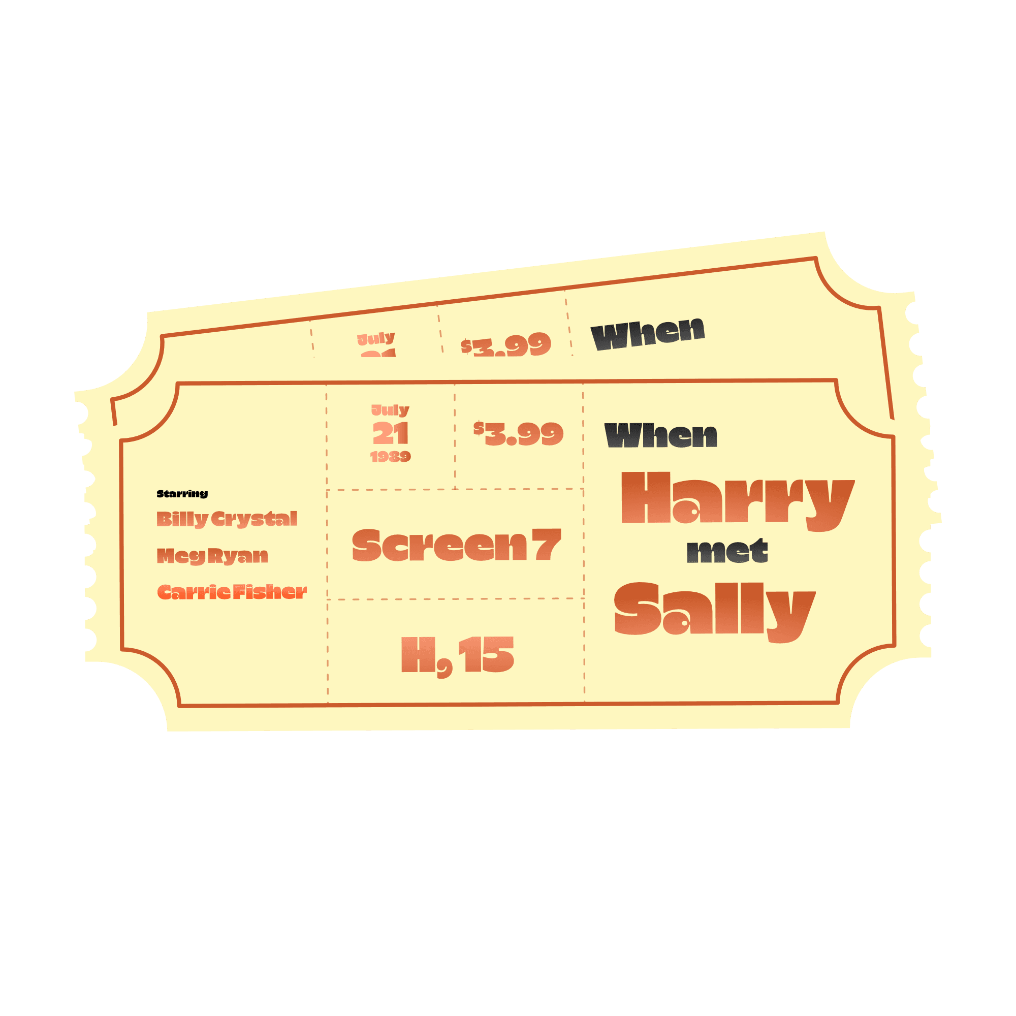 Vintage-style movie ticket for 'When Harry Met Sally' with date, price, and theater details